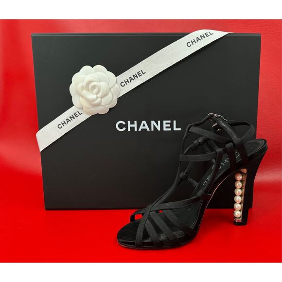 Chanel Pearl Heels Logo Black Grosgrain Sandals With Extras Please Read 36 1/2 - Picture 1 of 16